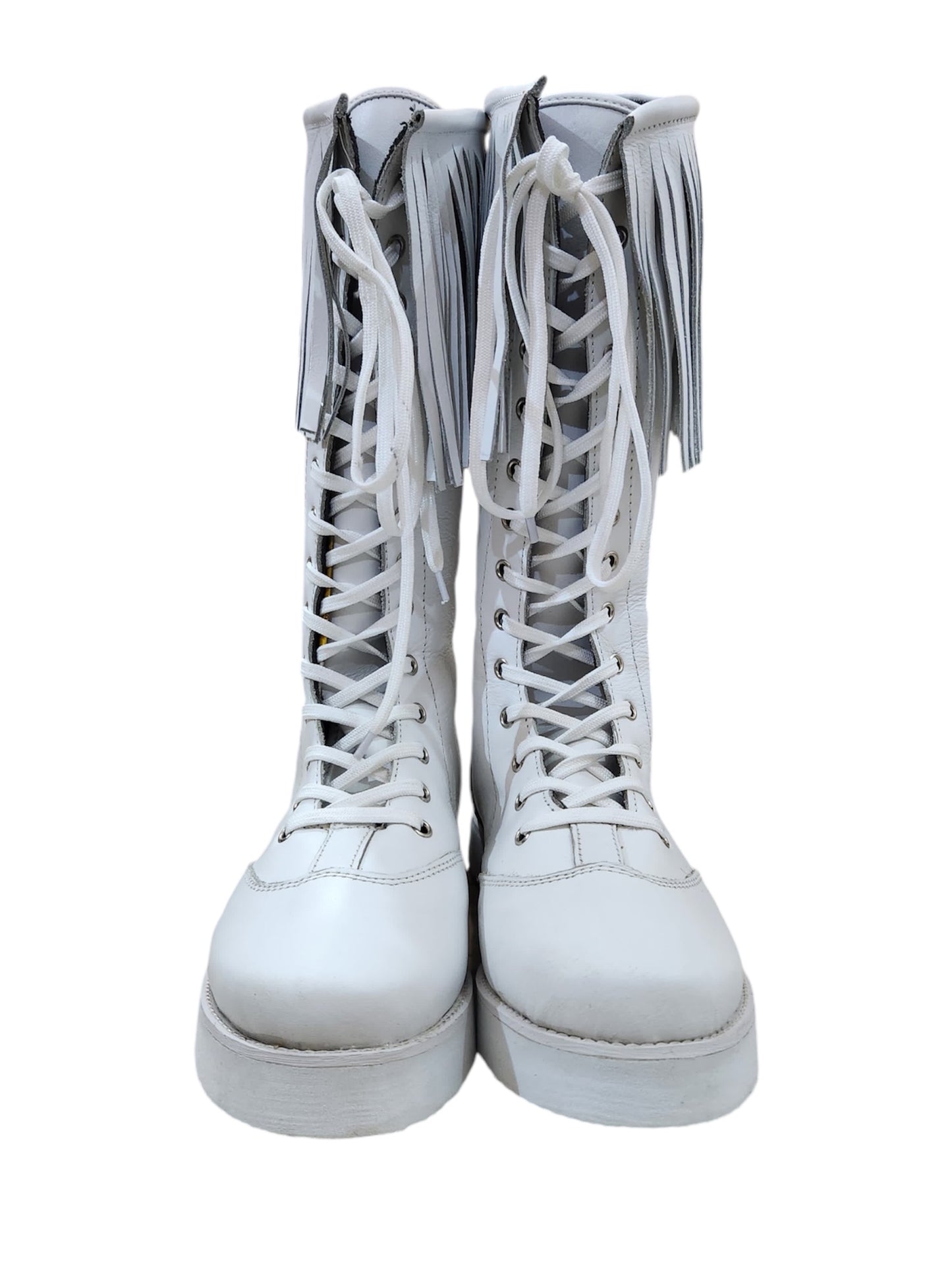 Pro Wrestling Long Boots with Leather Fringes , Handmade, 100% Original Leather, White Color, Lace-up style, Customizable