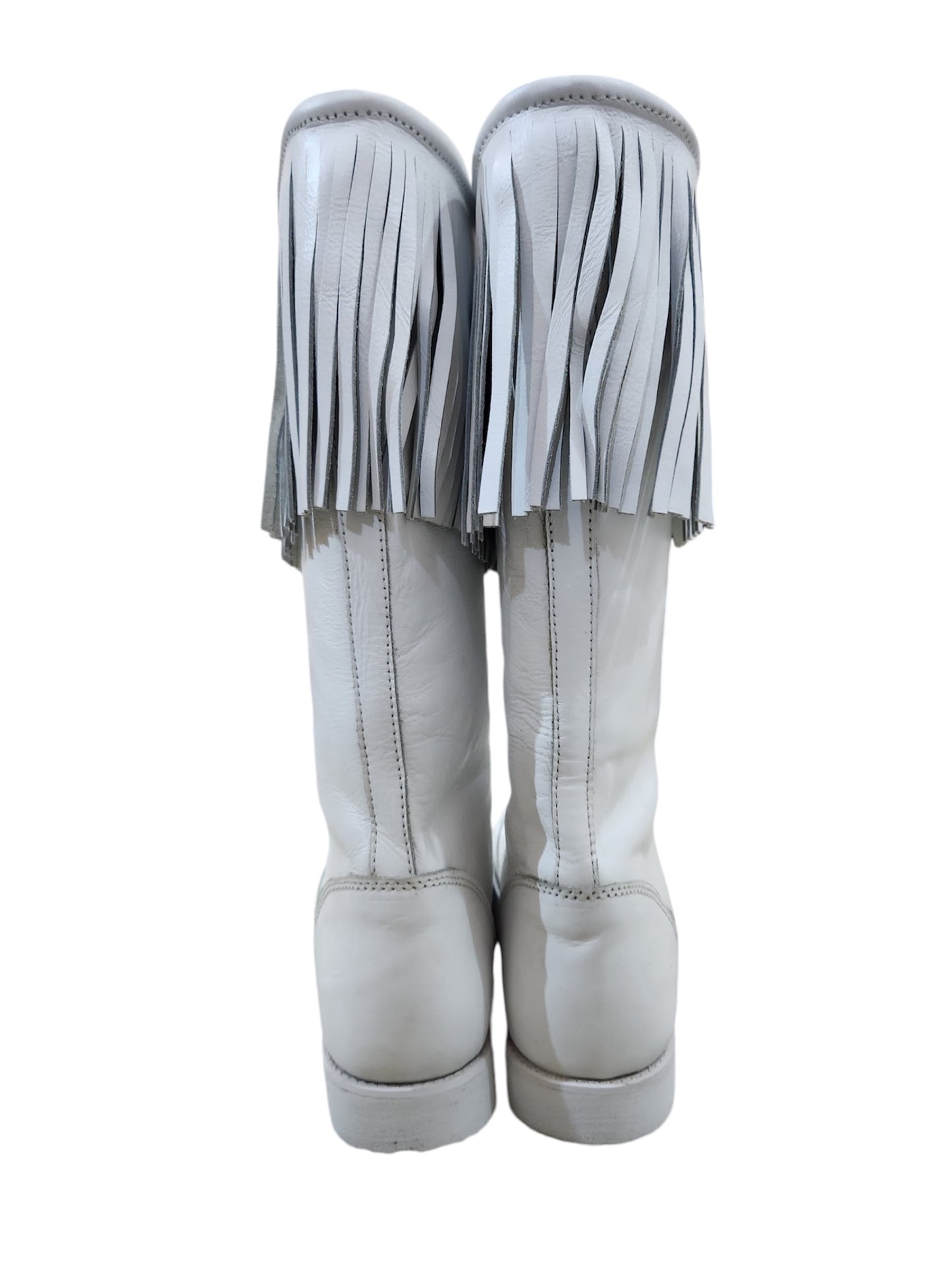 Pro Wrestling Long Boots with Leather Fringes , Handmade, 100% Original Leather, White Color, Lace-up style, Customizable