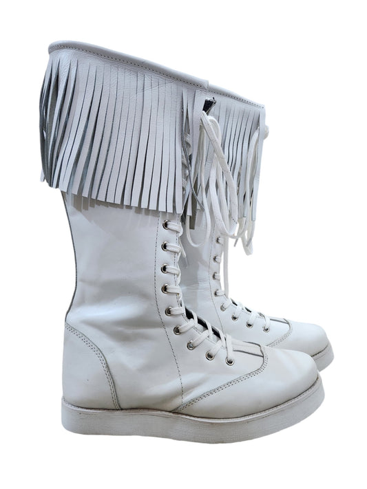 Pro Wrestling Long Boots with Leather Fringes , Handmade, 100% Original Leather, White Color, Lace-up style, Customizable