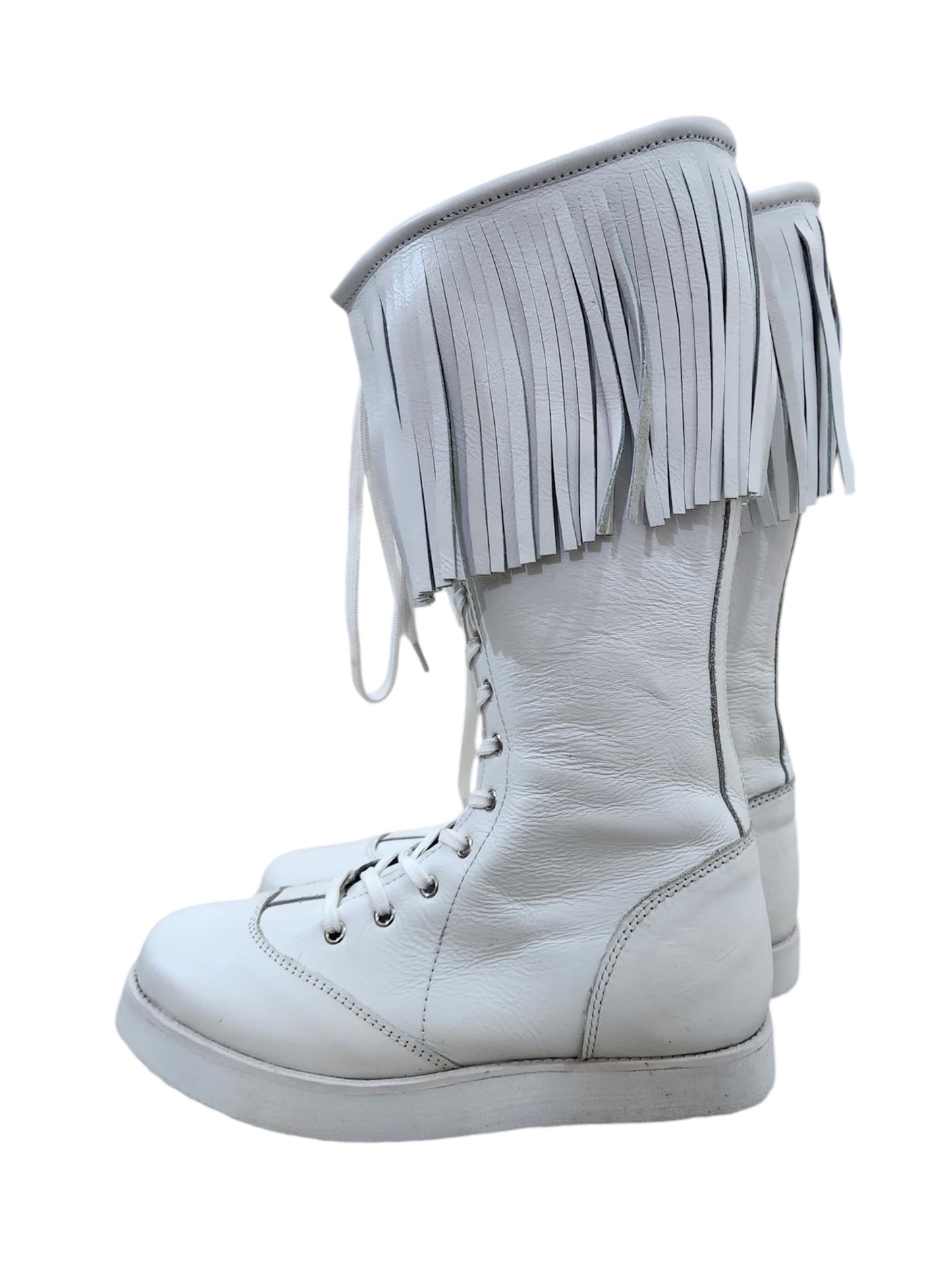 Pro Wrestling Long Boots with Leather Fringes , Handmade, 100% Original Leather, White Color, Lace-up style, Customizable