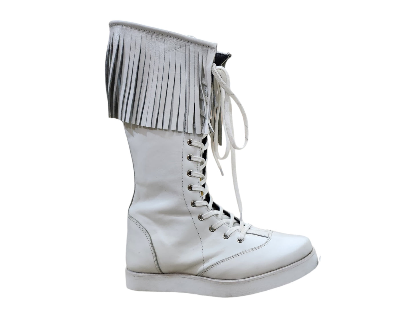 Pro Wrestling Long Boots with Leather Fringes , Handmade, 100% Original Leather, White Color, Lace-up style, Customizable