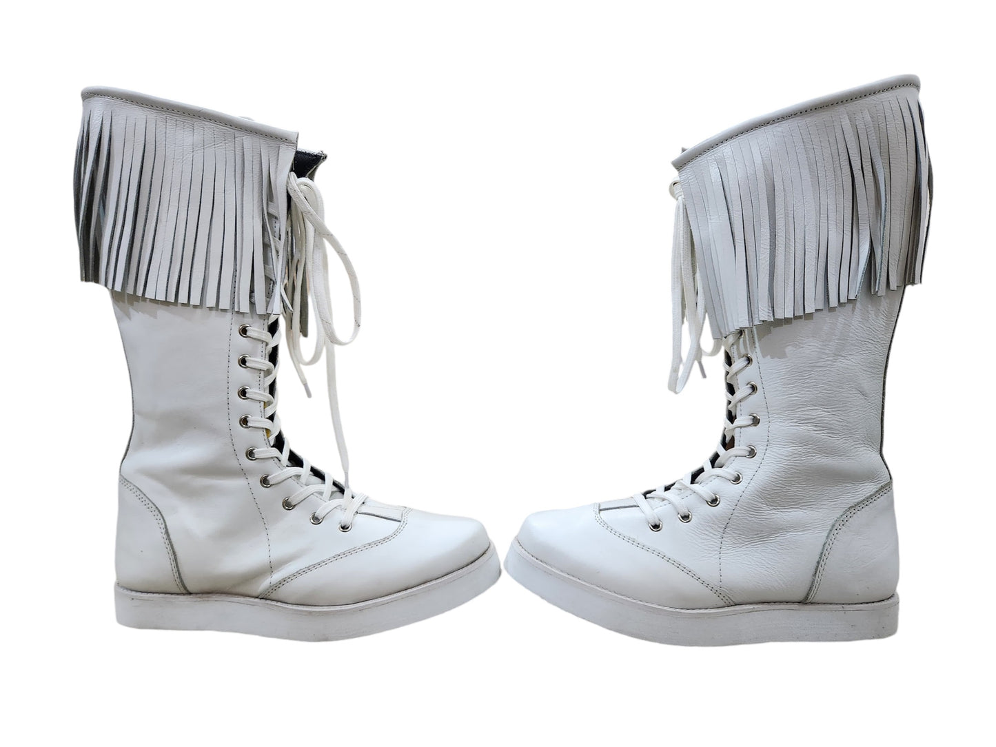 Pro Wrestling Long Boots with Leather Fringes , Handmade, 100% Original Leather, White Color, Lace-up style, Customizable