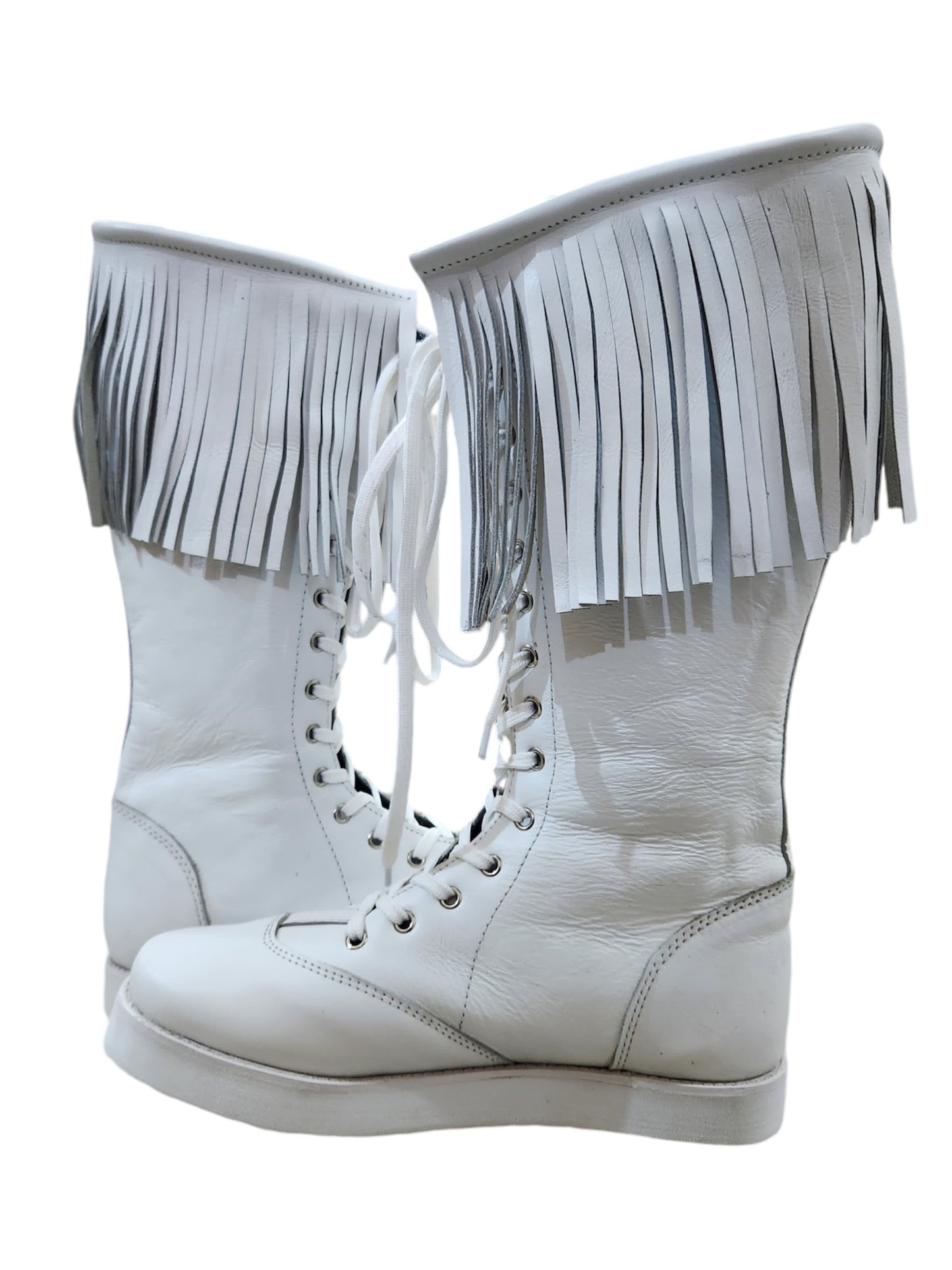 Pro Wrestling Long Boots with Leather Fringes , Handmade, 100% Original Leather, White Color, Lace-up style, Customizable