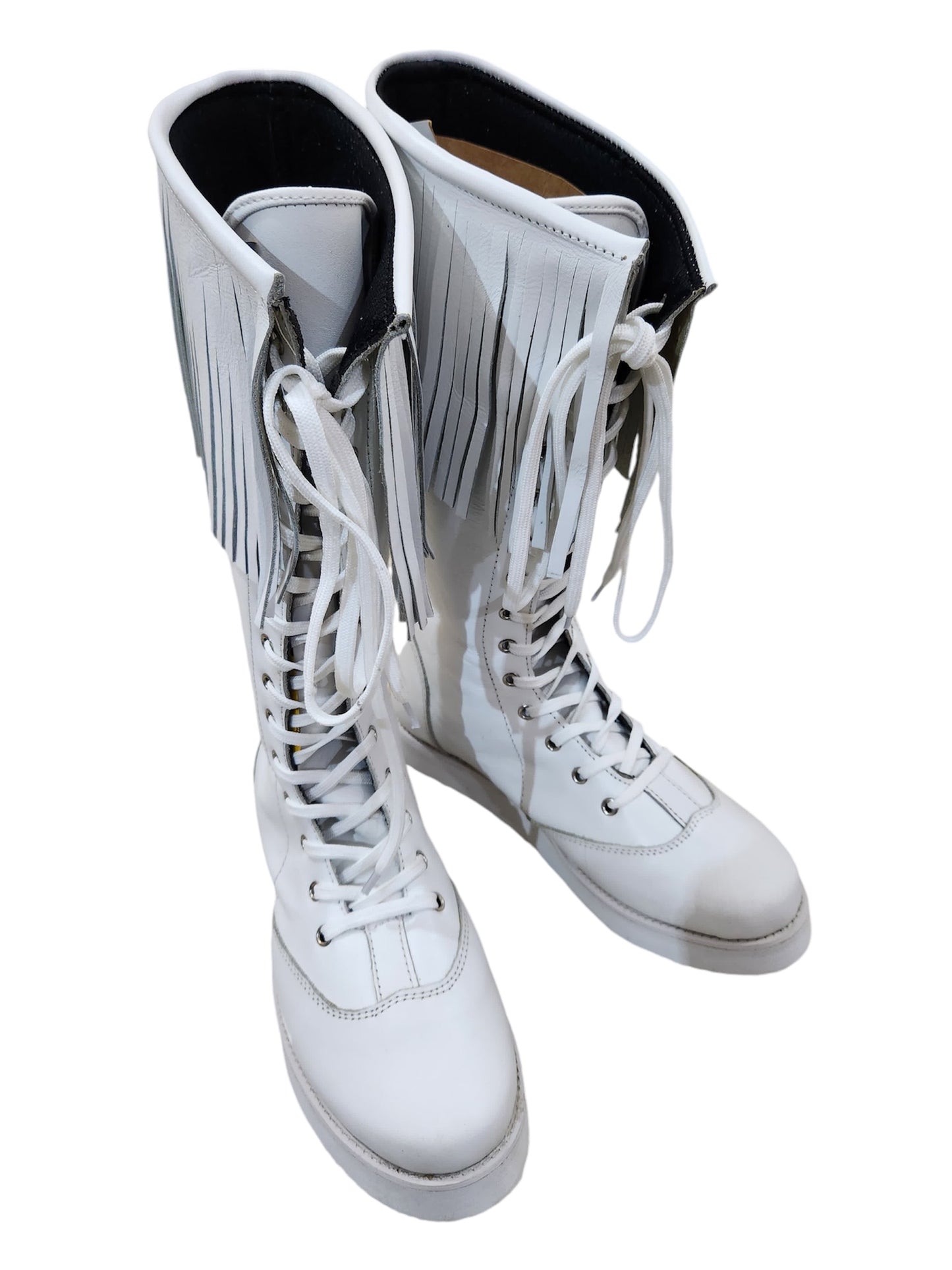 Pro Wrestling Long Boots with Leather Fringes , Handmade, 100% Original Leather, White Color, Lace-up style, Customizable