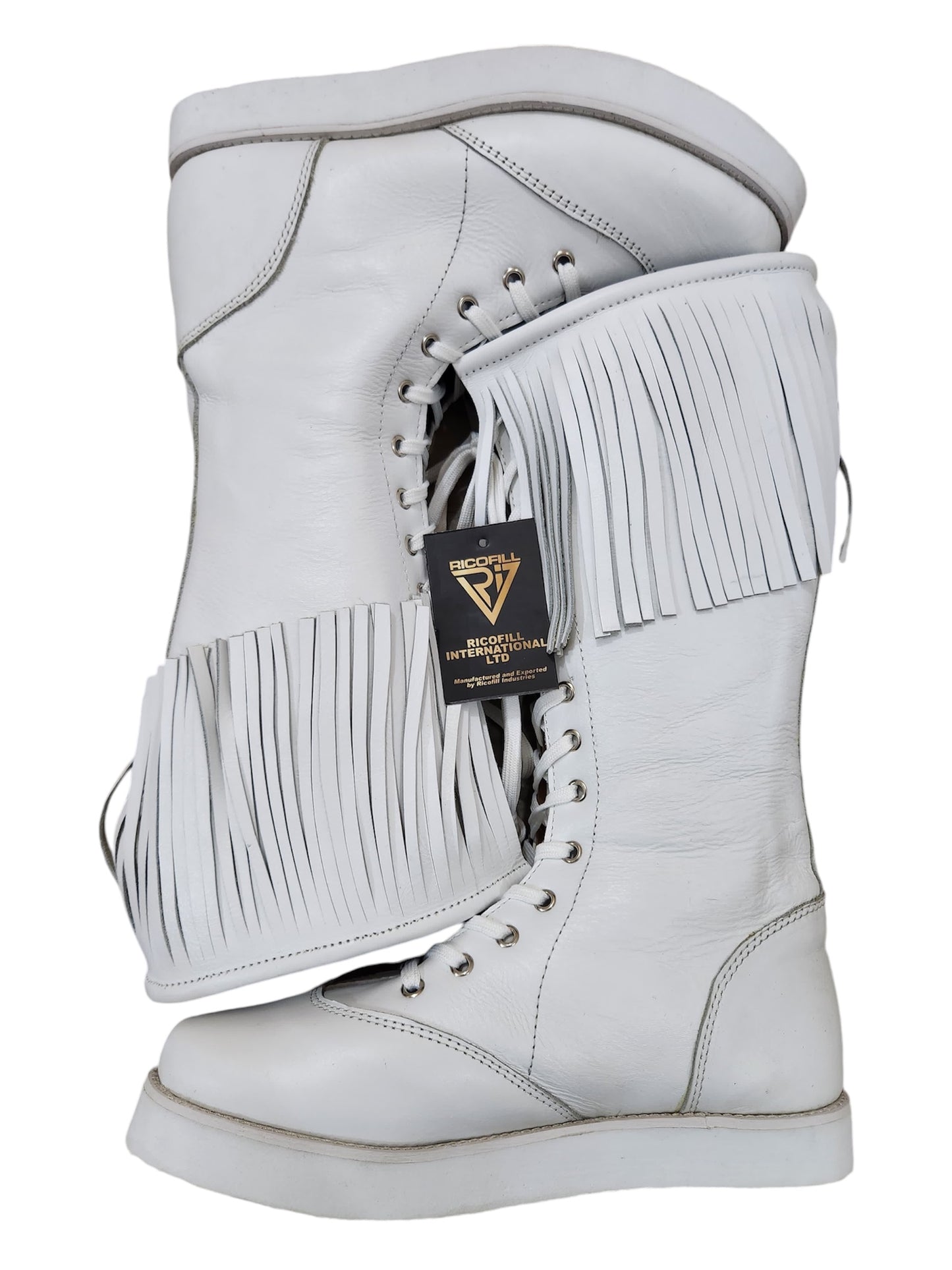 Pro Wrestling Long Boots with Leather Fringes , Handmade, 100% Original Leather, White Color, Lace-up style, Customizable