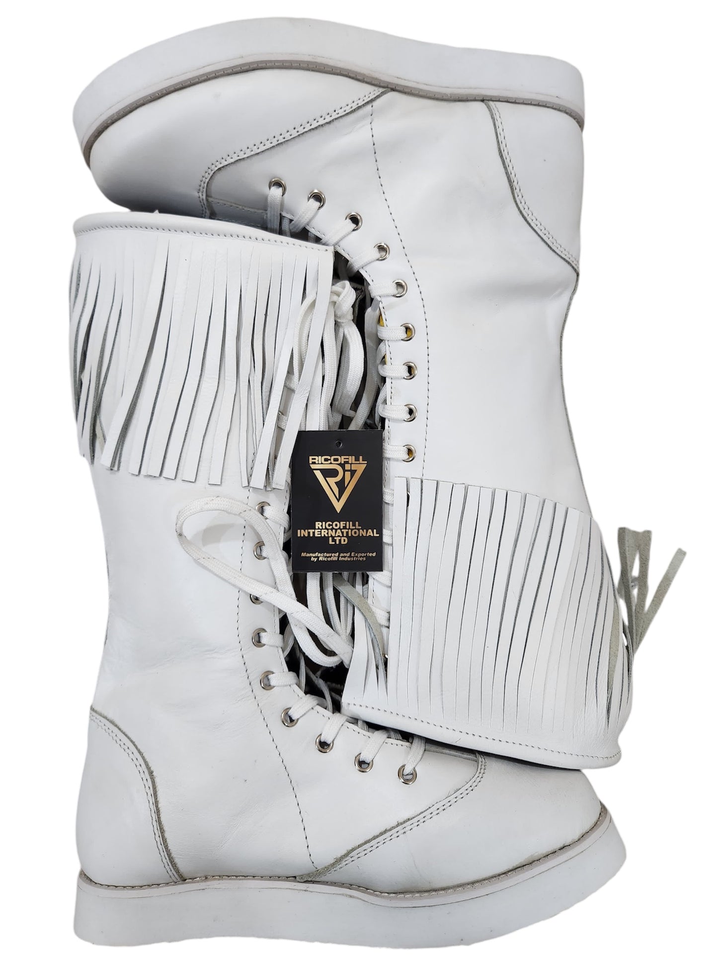 Pro Wrestling Long Boots with Leather Fringes , Handmade, 100% Original Leather, White Color, Lace-up style, Customizable