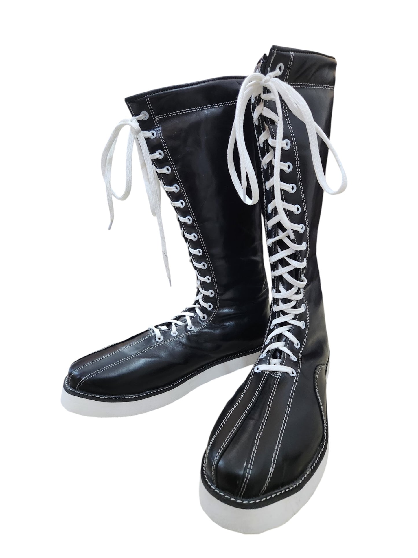 Handmade Pro Wrestling Boots – Black Leather, White Stitching, Laces, and Sole Contrast, 100% Genuine Leather