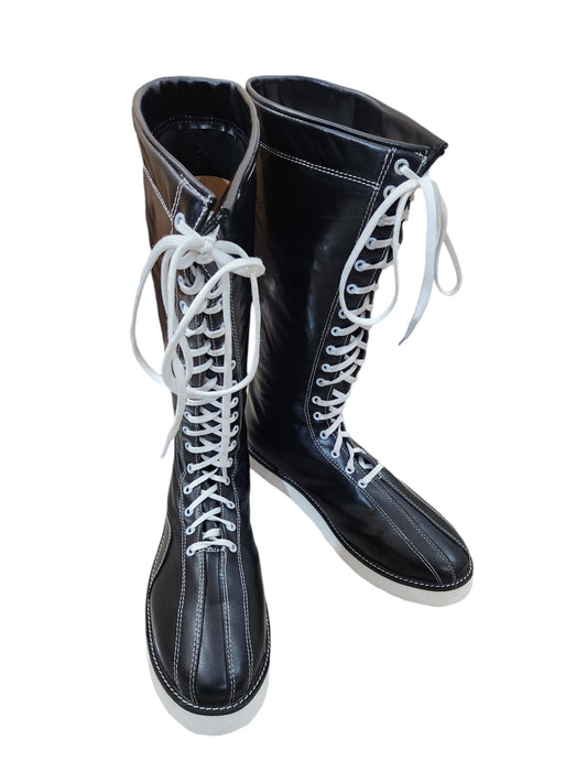 Handmade Pro Wrestling Boots – Black Leather, White Stitching, Laces, and Sole Contrast, 100% Genuine Leather