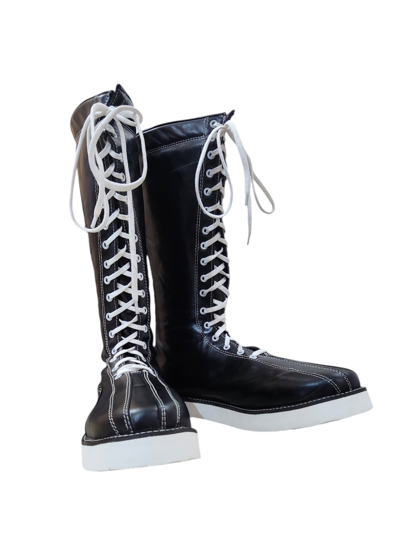 Handmade Pro Wrestling Boots – Black Leather, White Stitching, Laces, and Sole Contrast, 100% Genuine Leather