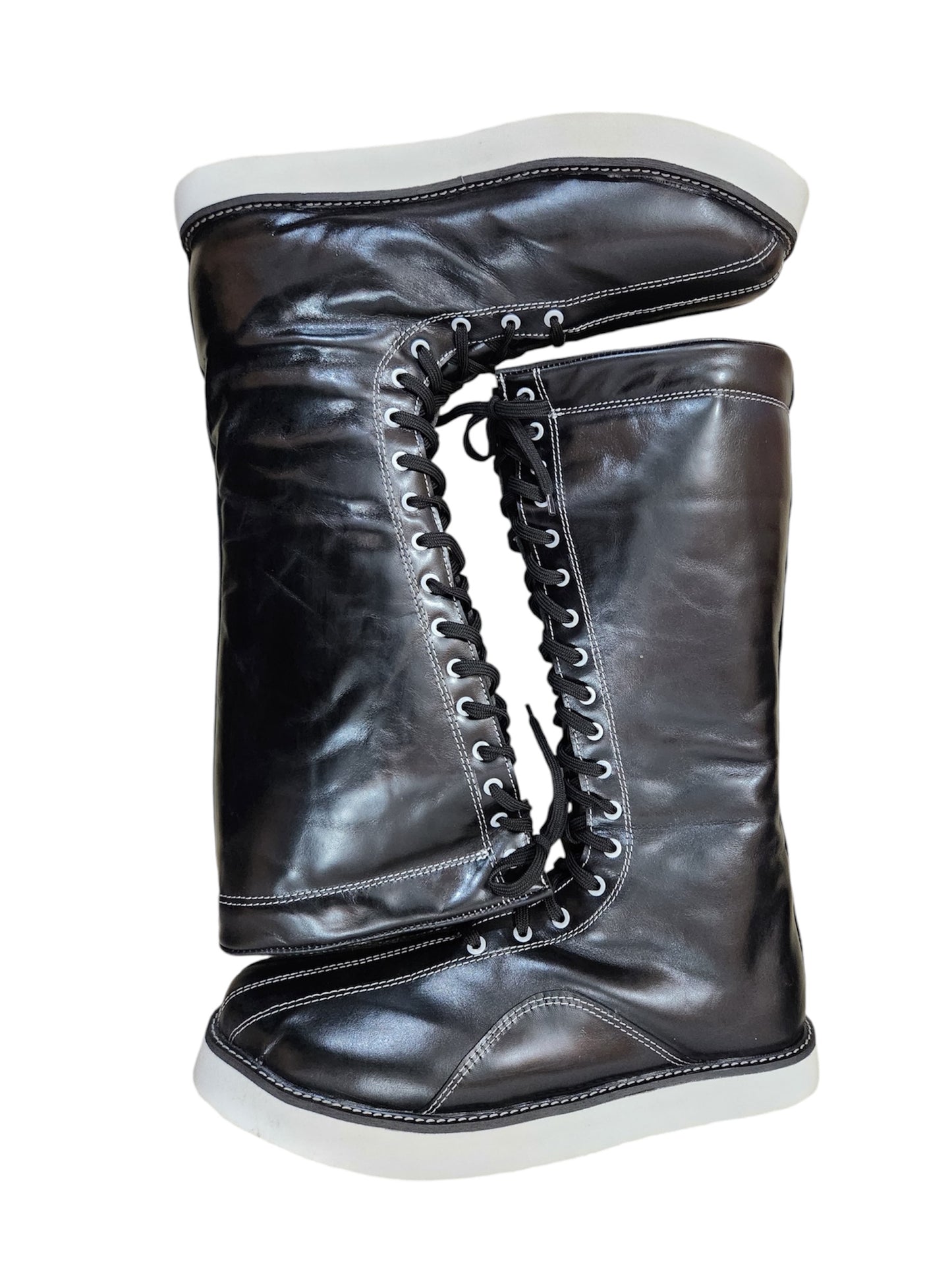 Handmade Pro Wrestling Boots – Black Leather, White Stitching, Laces, and Sole Contrast, 100% Genuine Leather