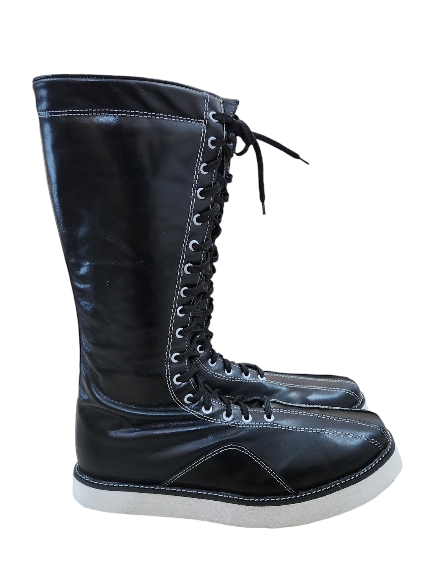 Handmade Pro Wrestling Boots – Black Leather, White Stitching, Laces, and Sole Contrast, 100% Genuine Leather