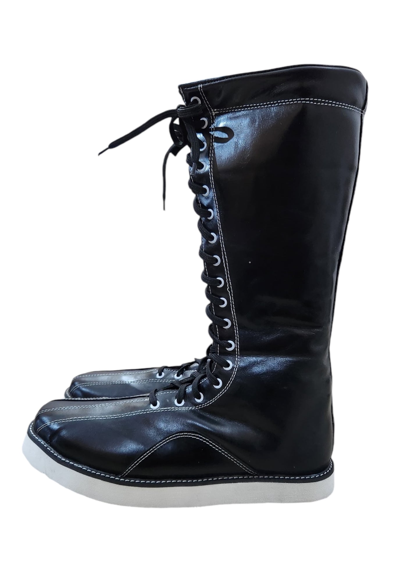 Handmade Pro Wrestling Boots – Black Leather, White Stitching, Laces, and Sole Contrast, 100% Genuine Leather