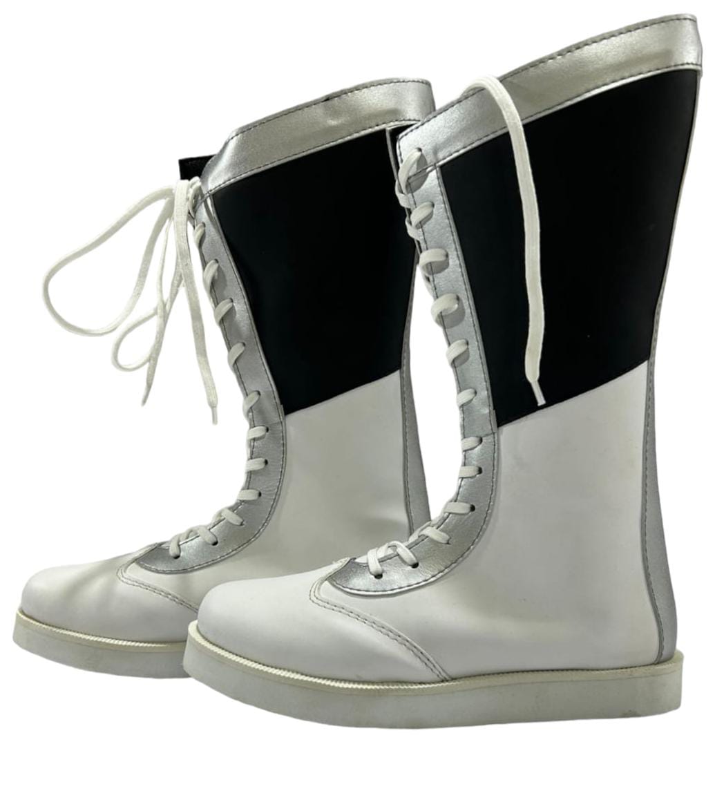 Pro wrestling Long Boots, Handmade, 100% Original Leather, Black white and Silver color, Customizable