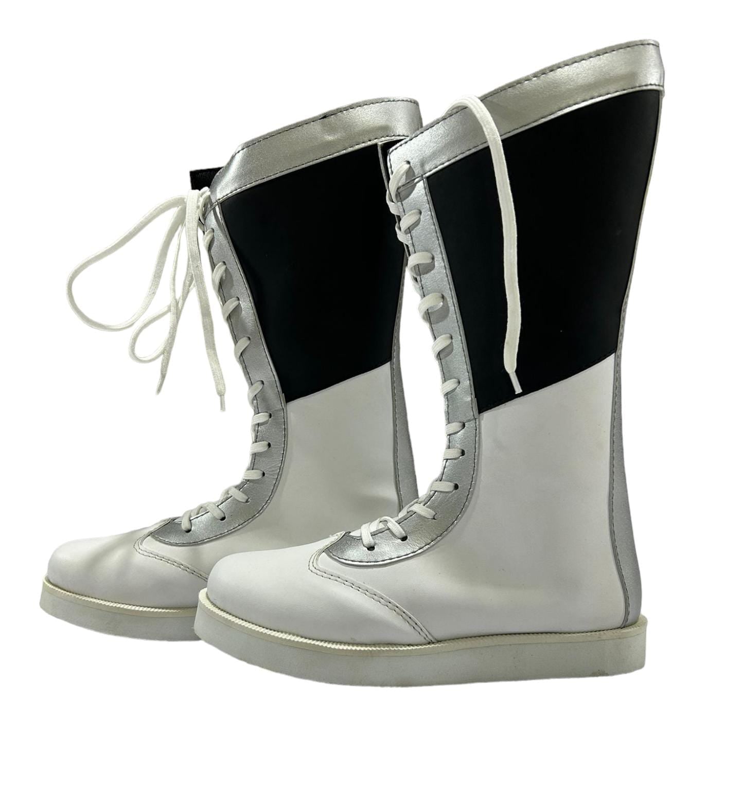 Pro wrestling Long Boots, Handmade, 100% Original Leather, Black white and Silver color, Customizable