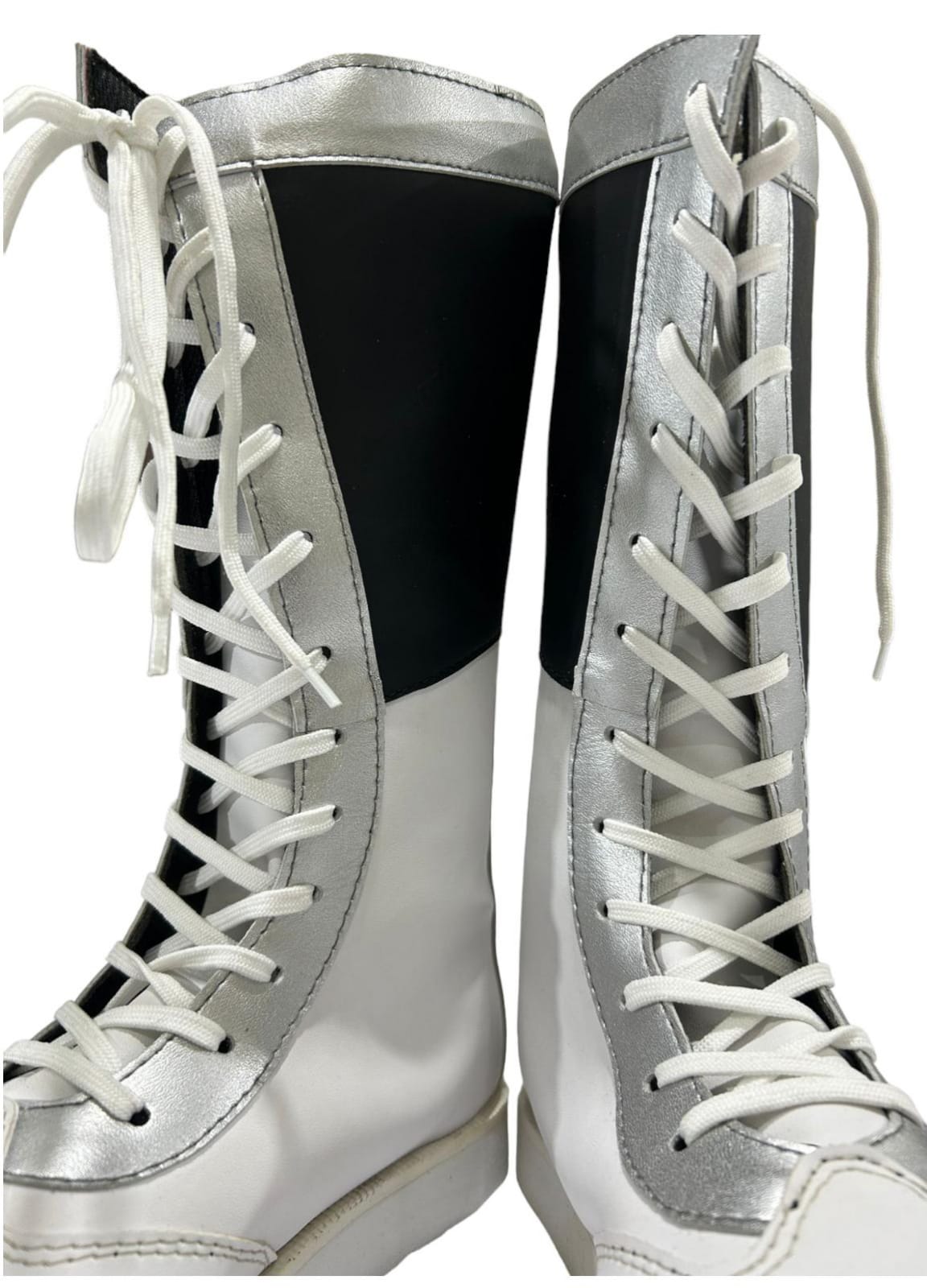 Pro wrestling Long Boots, Handmade, 100% Original Leather, Black white and Silver color, Customizable