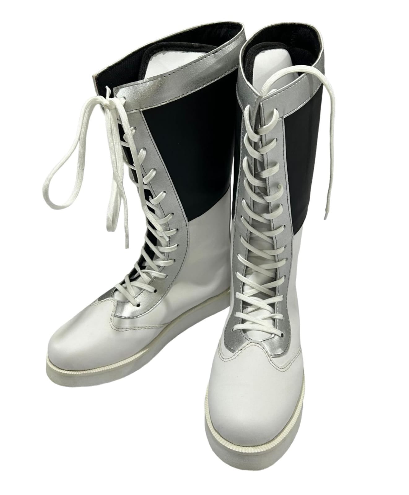 Pro wrestling Long Boots, Handmade, 100% Original Leather, Black white and Silver color, Customizable