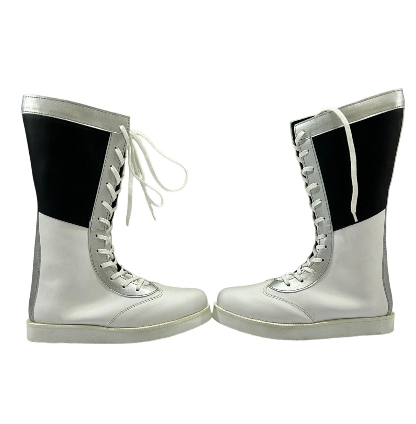 Pro wrestling Long Boots, Handmade, 100% Original Leather, Black white and Silver color, Customizable