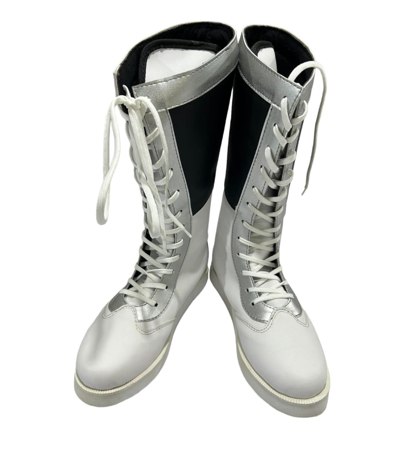 Pro wrestling Long Boots, Handmade, 100% Original Leather, Black white and Silver color, Customizable