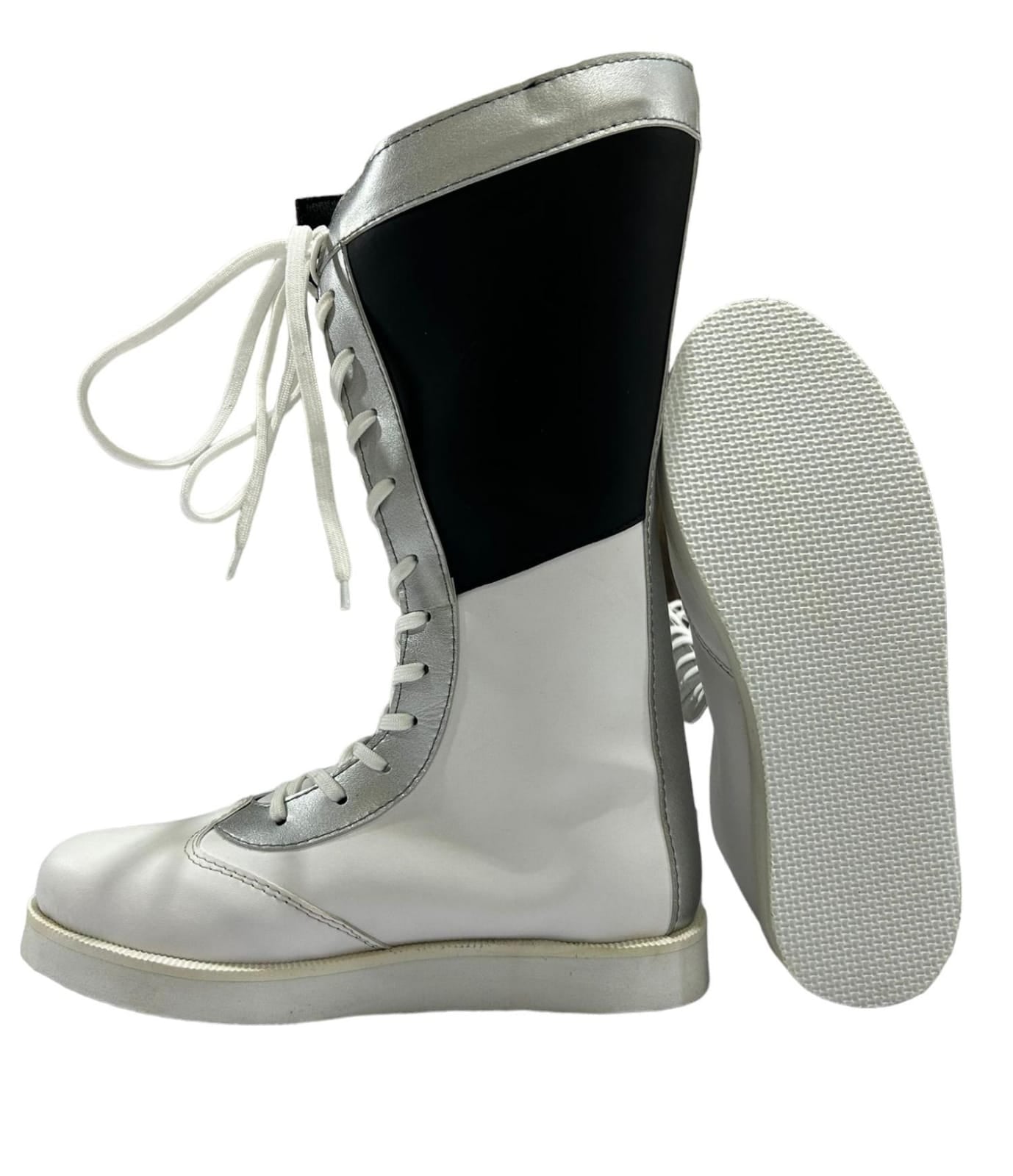 Pro wrestling Long Boots, Handmade, 100% Original Leather, Black white and Silver color, Customizable