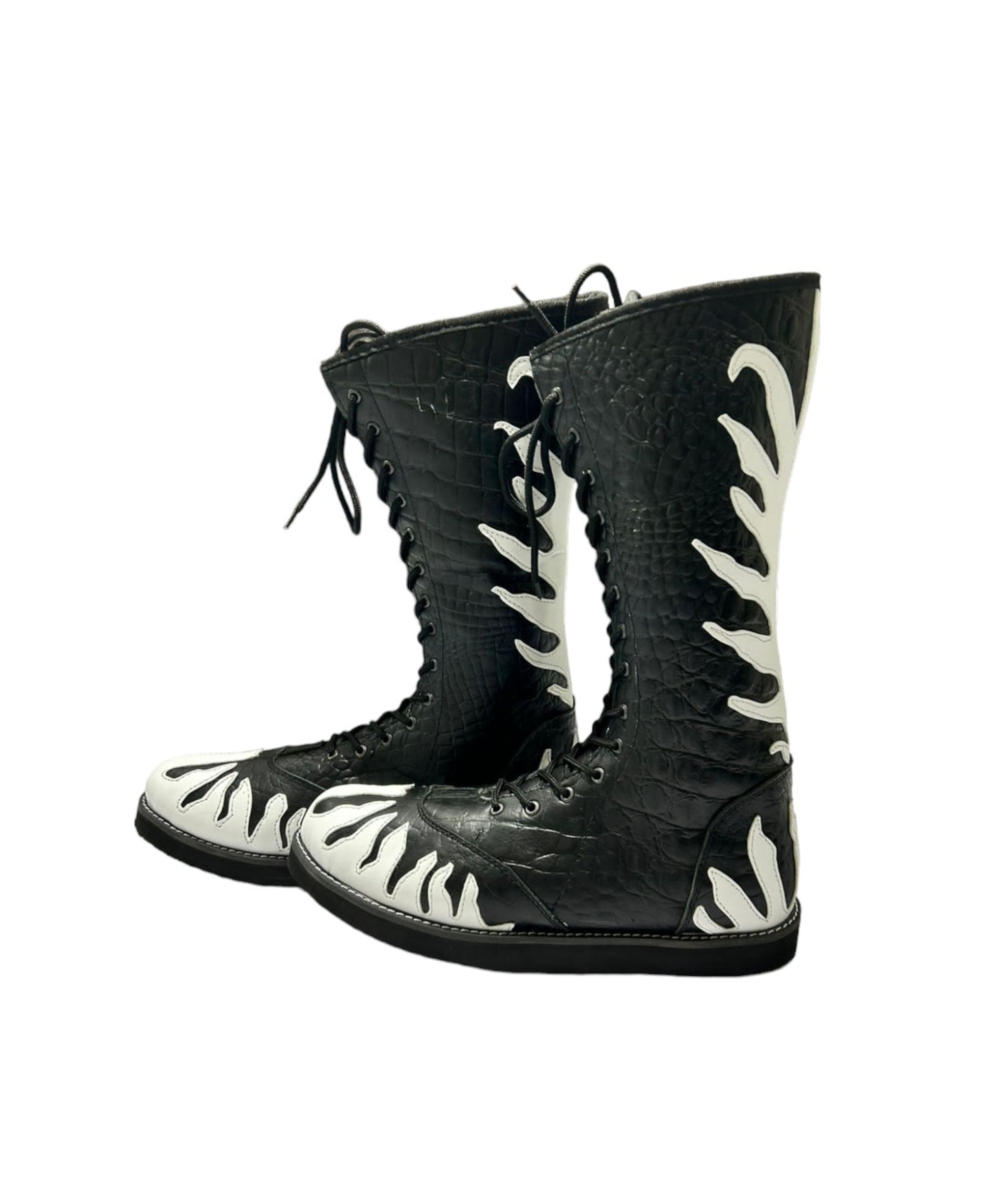 Wrestling Boots, 100% Original Leather, Crocodile Pattern Black Leather, White Fire, Lace-up style, Customizable colors