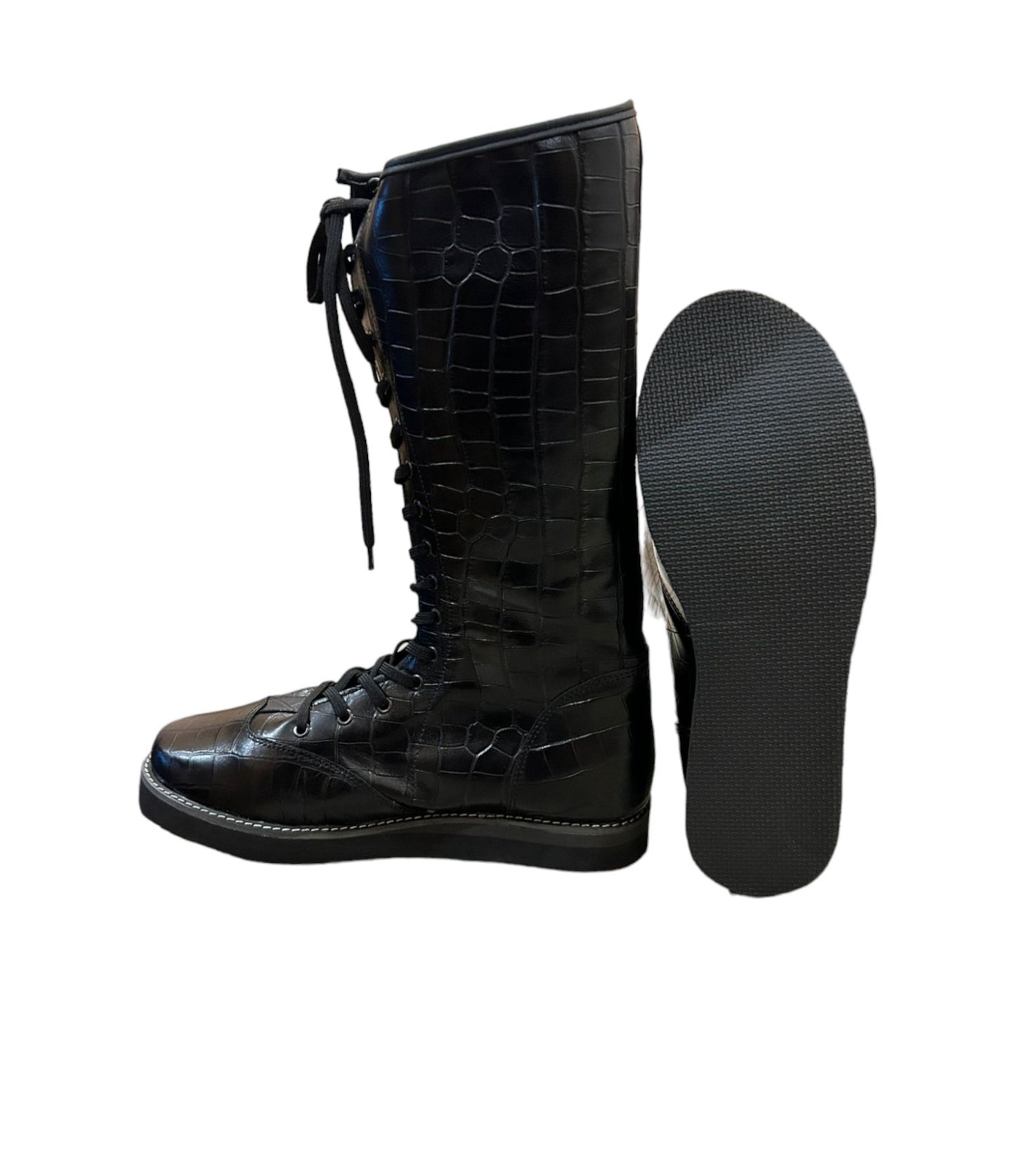 Pro Wrestling Long Boots, Handmade Leather Shoes, 100% Genuine Leather, Black Color, Snake Skin Texture, Customizable, Lace-up style