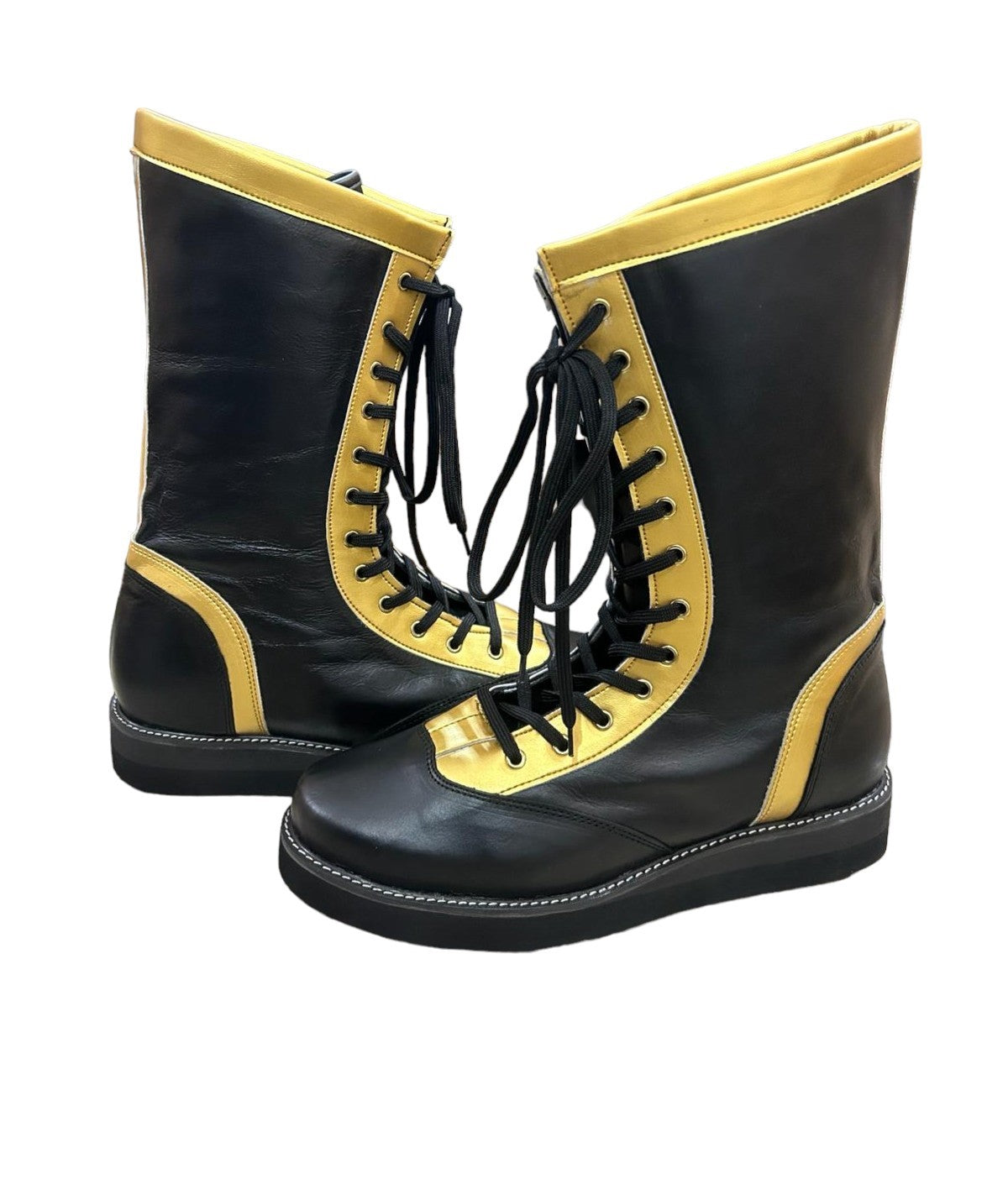 Wrestling Long Boots, 100% Original Leather, Black & Gold Color Stripe, Handmade, Customizable