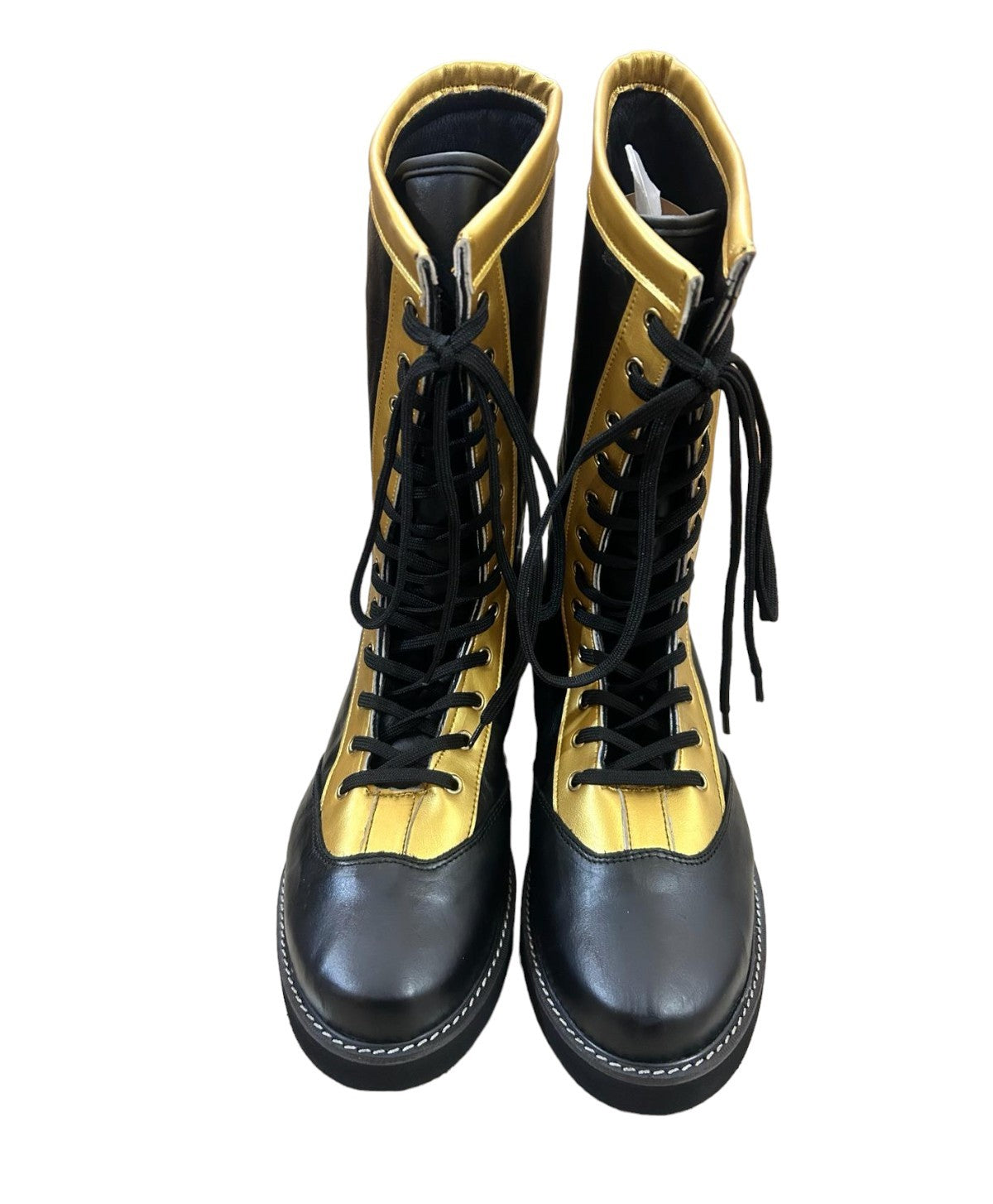 Wrestling Long Boots, 100% Original Leather, Black & Gold Color Stripe, Handmade, Customizable