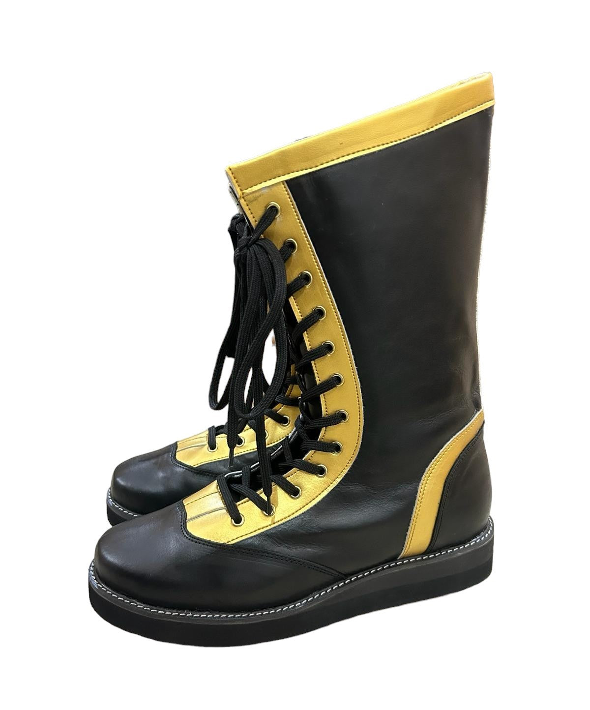 Wrestling Long Boots, 100% Original Leather, Black & Gold Color Stripe, Handmade, Customizable