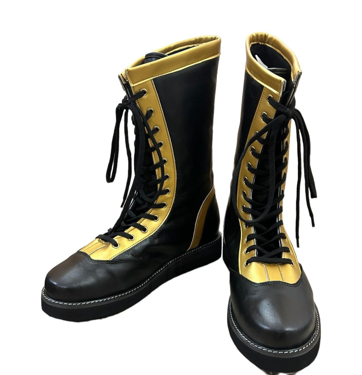 Wrestling Long Boots, 100% Original Leather, Black & Gold Color Stripe, Handmade, Customizable