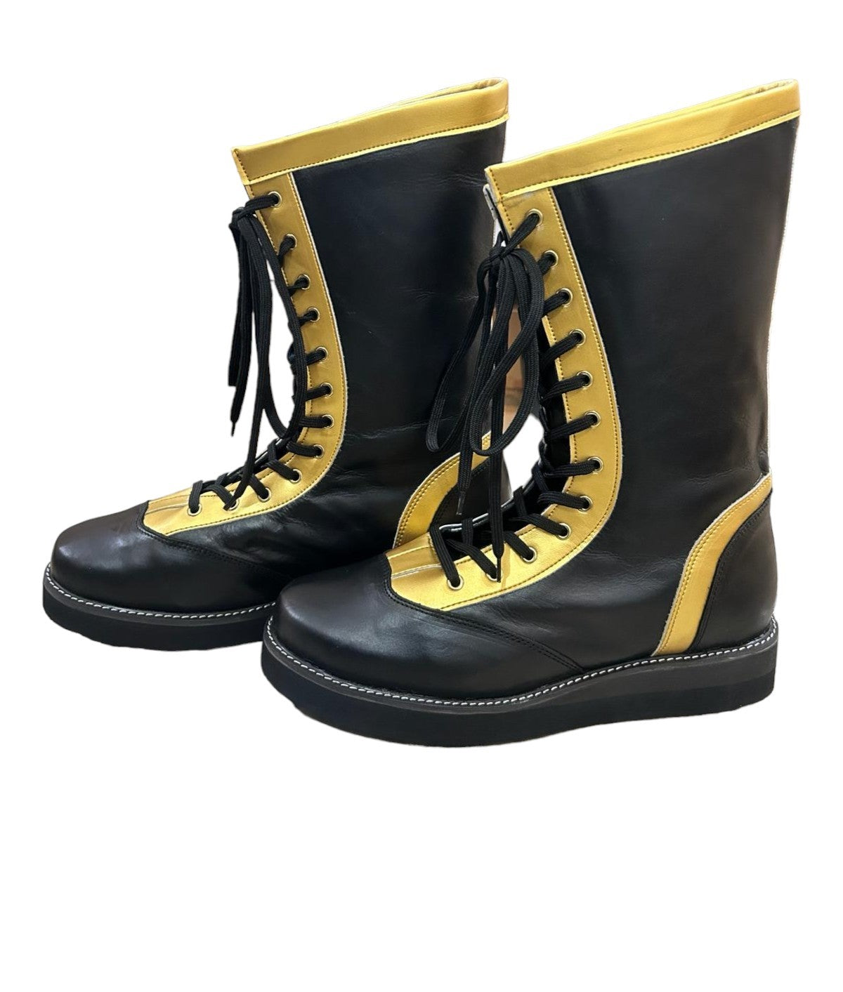 Wrestling Long Boots, 100% Original Leather, Black & Gold Color Stripe, Handmade, Customizable