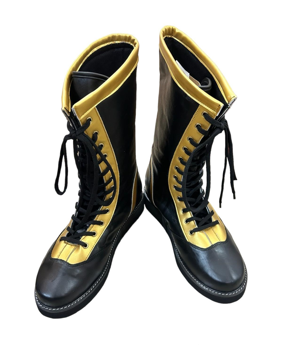 Wrestling Long Boots, 100% Original Leather, Black & Gold Color Stripe, Handmade, Customizable