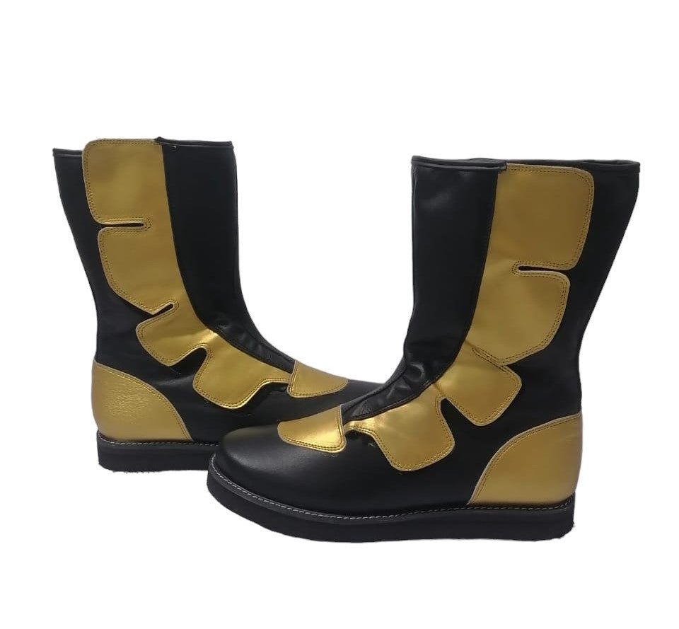 Wrestling Long Boots, Hook and Loop style, Handmade Black and Golden Color, 100% original Leather, Customizable