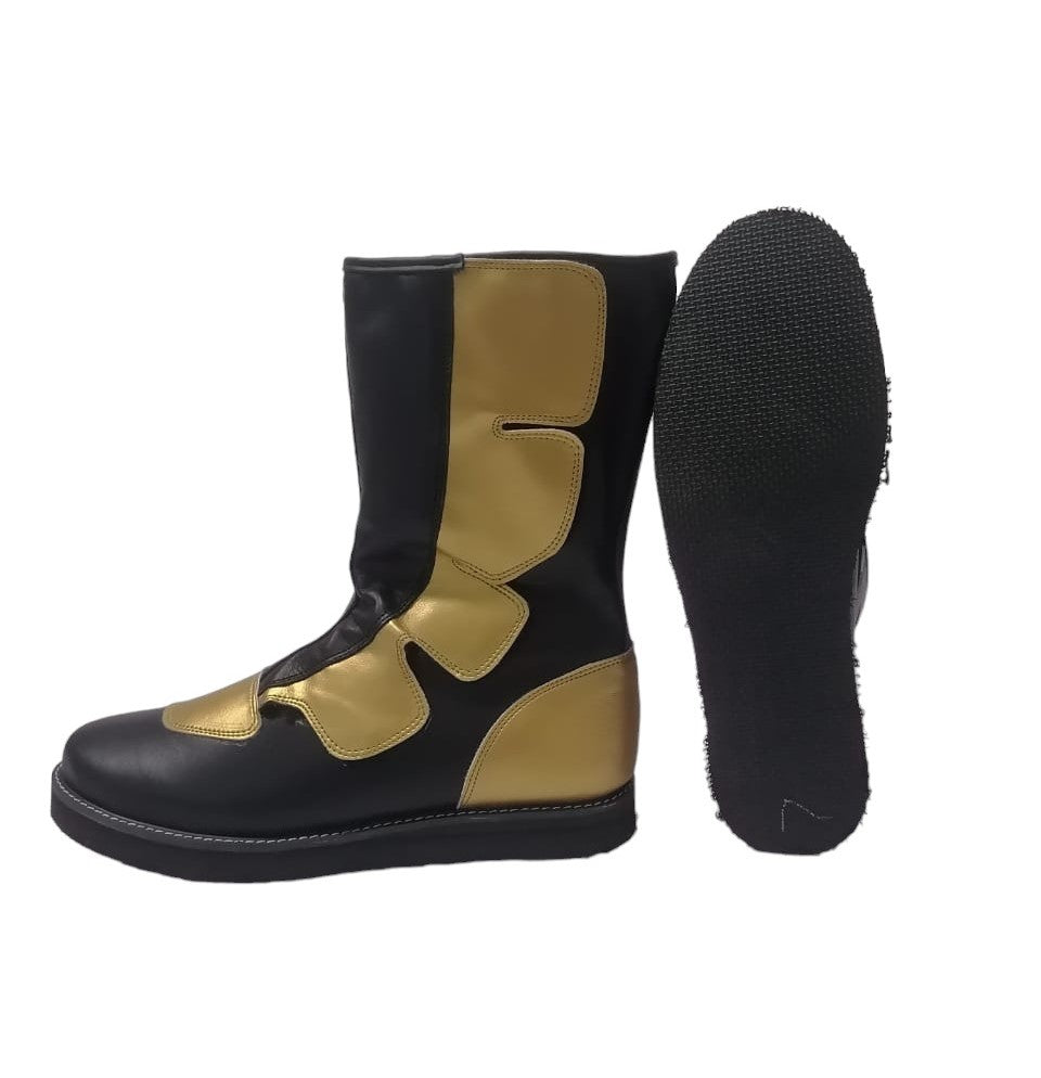 Wrestling Long Boots, Hook and Loop style, Handmade Black and Golden Color, 100% original Leather, Customizable