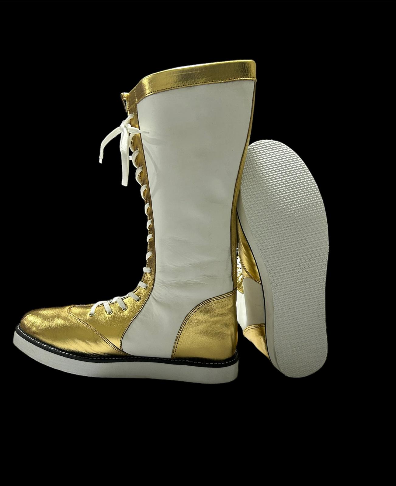 Handmade Pro Wrestling Long Boots, 100% Original Leather - Customizable, Lace-Up Style in White & Golden with Star