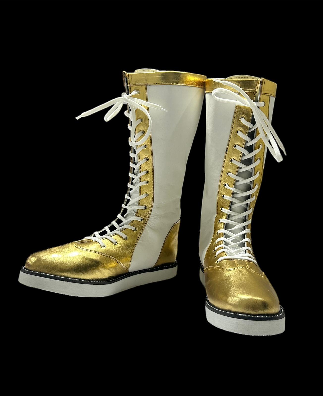 Handmade Pro Wrestling Long Boots, 100% Original Leather - Customizable, Lace-Up Style in White & Golden with Star