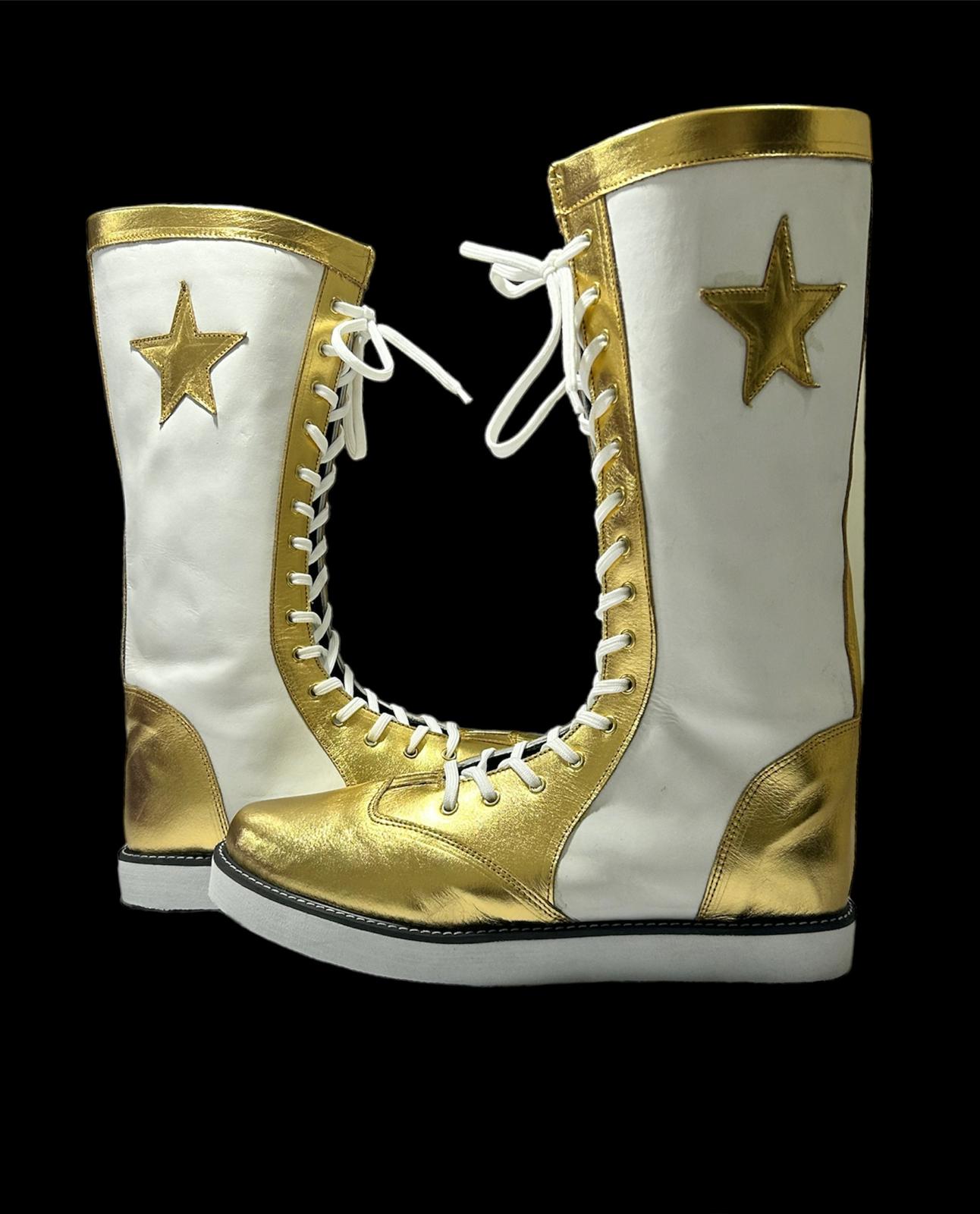 Handmade Pro Wrestling Long Boots, 100% Original Leather - Customizable, Lace-Up Style in White & Golden with Star