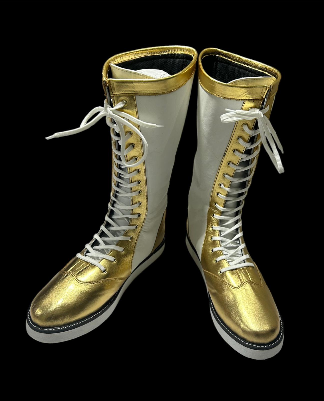 Handmade Pro Wrestling Long Boots, 100% Original Leather - Customizable, Lace-Up Style in White & Golden with Star