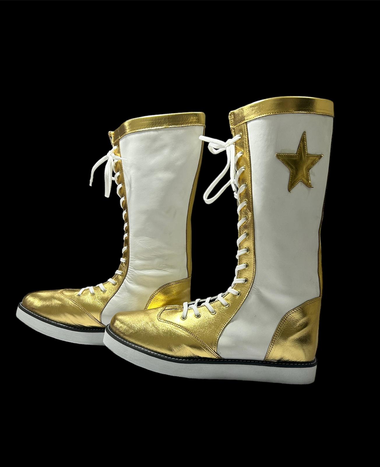 Handmade Pro Wrestling Long Boots, 100% Original Leather - Customizable, Lace-Up Style in White & Golden with Star