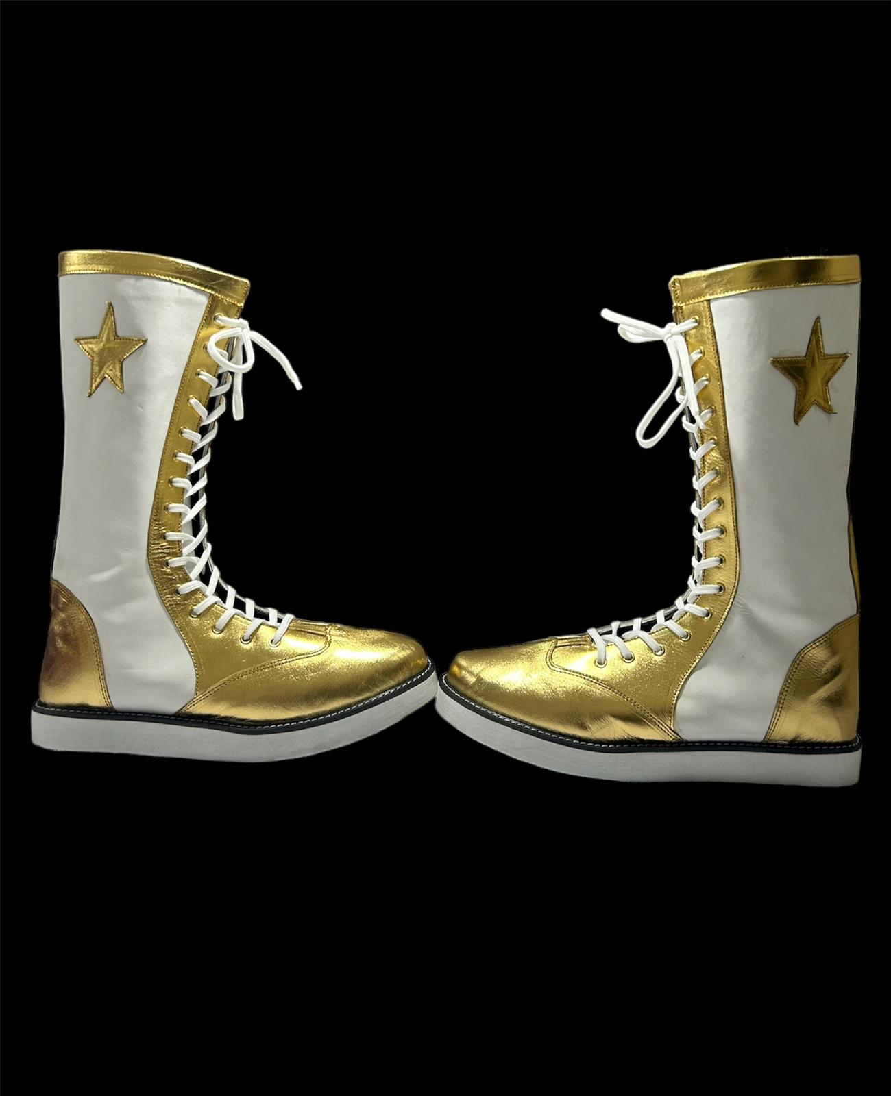 Handmade Pro Wrestling Long Boots, 100% Original Leather - Customizable, Lace-Up Style in White & Golden with Star