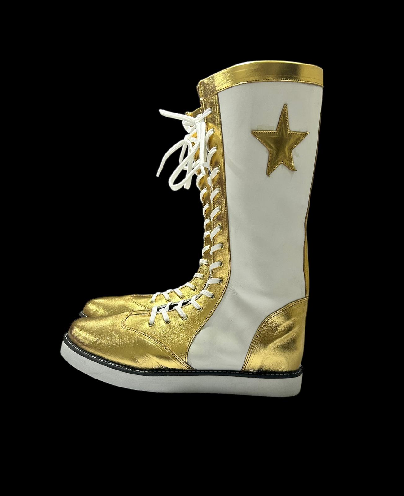 Handmade Pro Wrestling Long Boots, 100% Original Leather - Customizable, Lace-Up Style in White & Golden with Star