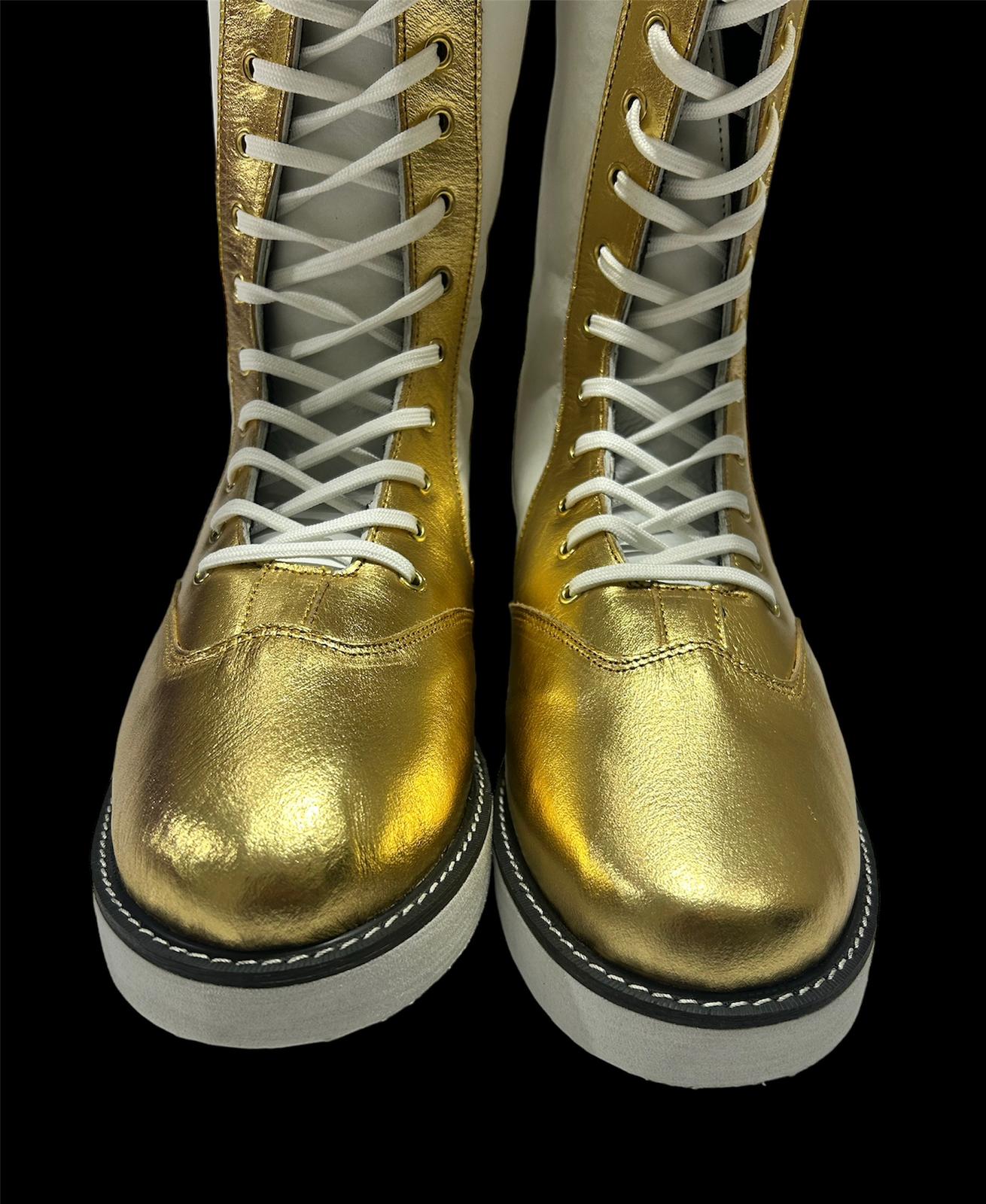 Handmade Pro Wrestling Long Boots, 100% Original Leather - Customizable, Lace-Up Style in White & Golden with Star