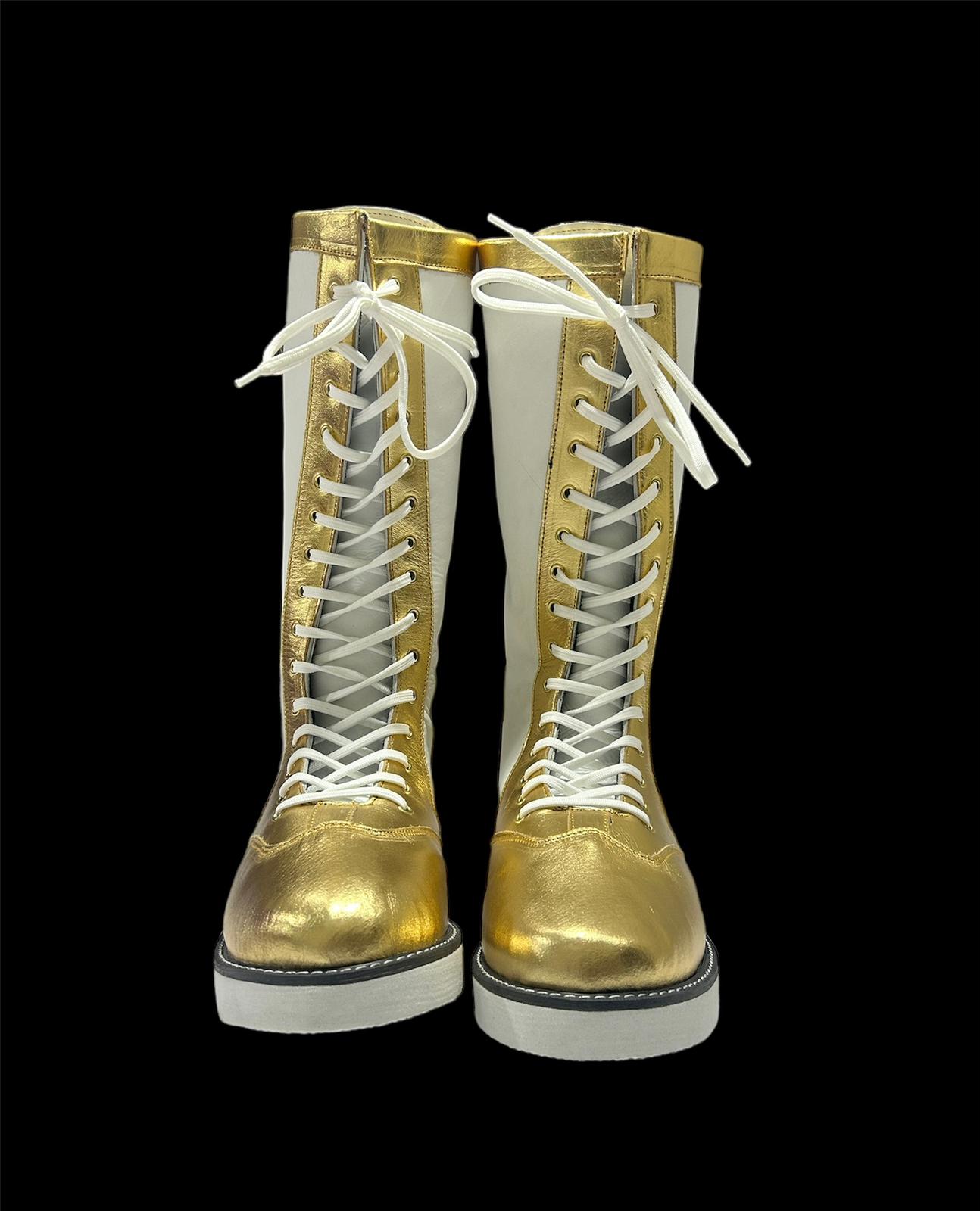 Handmade Pro Wrestling Long Boots, 100% Original Leather - Customizable, Lace-Up Style in White & Golden with Star