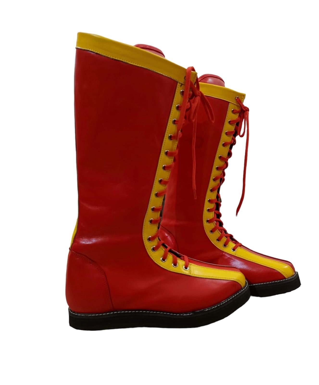 Pro Wrestling Boots, Handmade , 100% original Leather, Red Color with Yellow Tips, Lace-up style, Customizable , Lucha Libre Boots