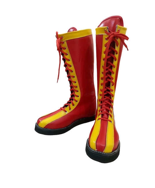 Pro Wrestling Boots, Handmade , 100% original Leather, Red Color with Yellow Tips, Lace-up style, Customizable , Lucha Libre Boots