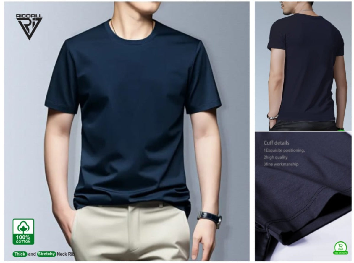 50% off, T shirt 3pcs, Black,White & Navy  Men's Solid Color Pure Cotton Crew Neck And Short Sleeve T-shirts, Comfy Tops For Summer Daily And Casual Outerwear