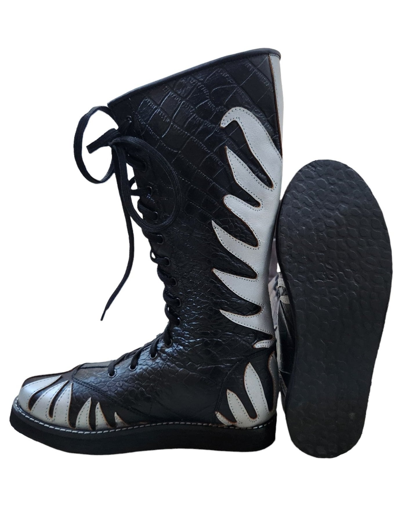 Pro Wrestling Long Boots, Handmade, 100% Original Leather Crocs Pattern , Silver Fire Style, Customizable colors