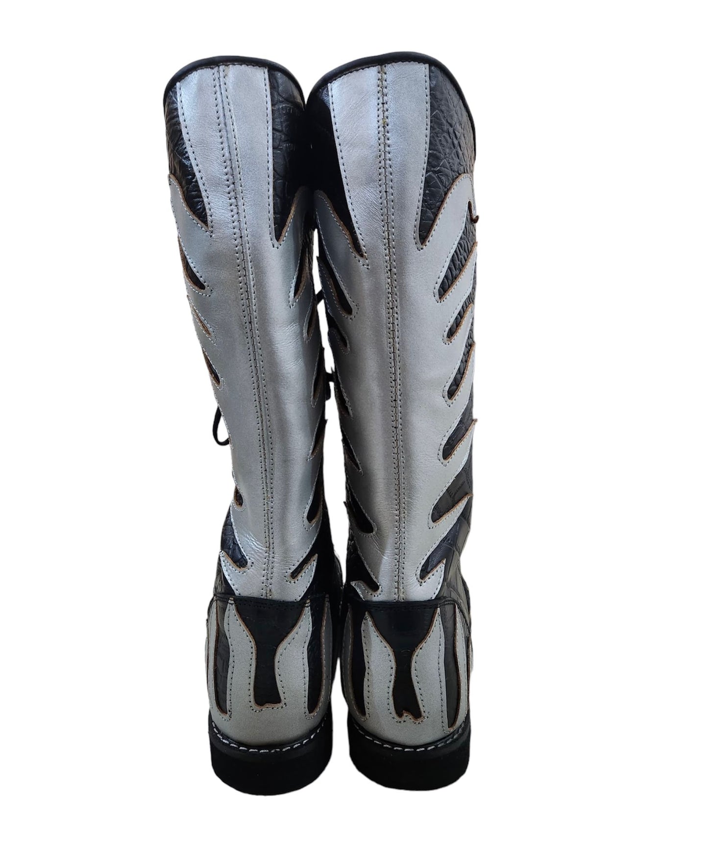 Pro Wrestling Long Boots, Handmade, 100% Original Leather Crocs Pattern , Silver Fire Style, Customizable colors