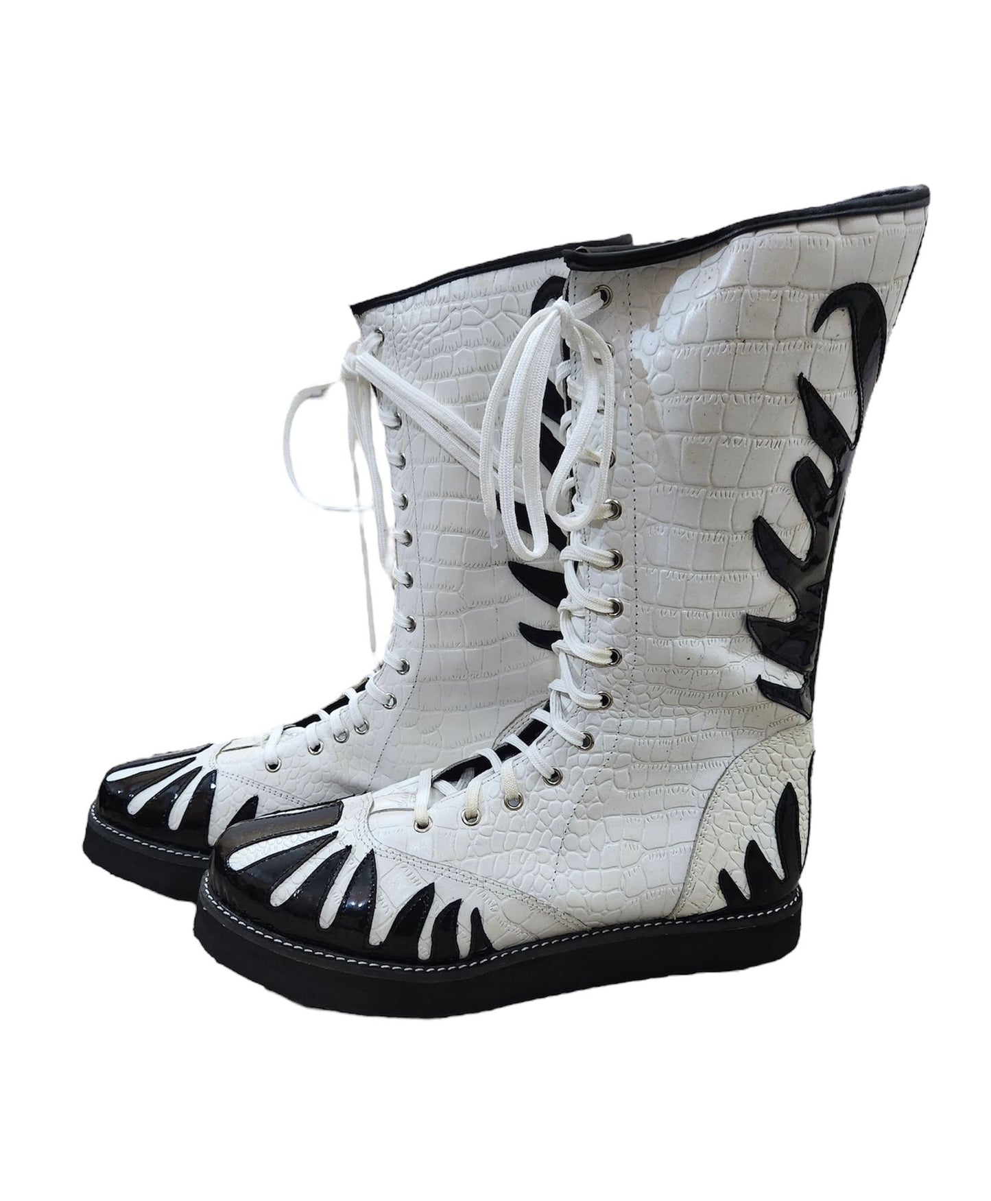 Pro Wrestling Boots, Handmade, 100% Original Leather, White Crocs Pattern & Black Fire Style, Customizable colors