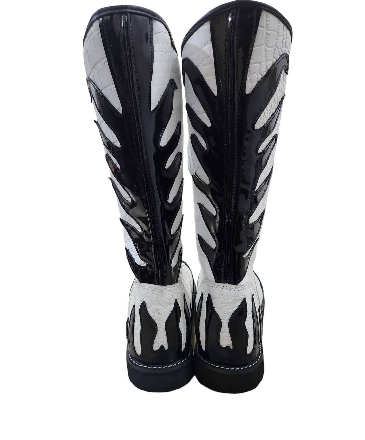 Pro Wrestling Boots, Handmade, 100% Original Leather, White Crocs Pattern & Black Fire Style, Customizable colors