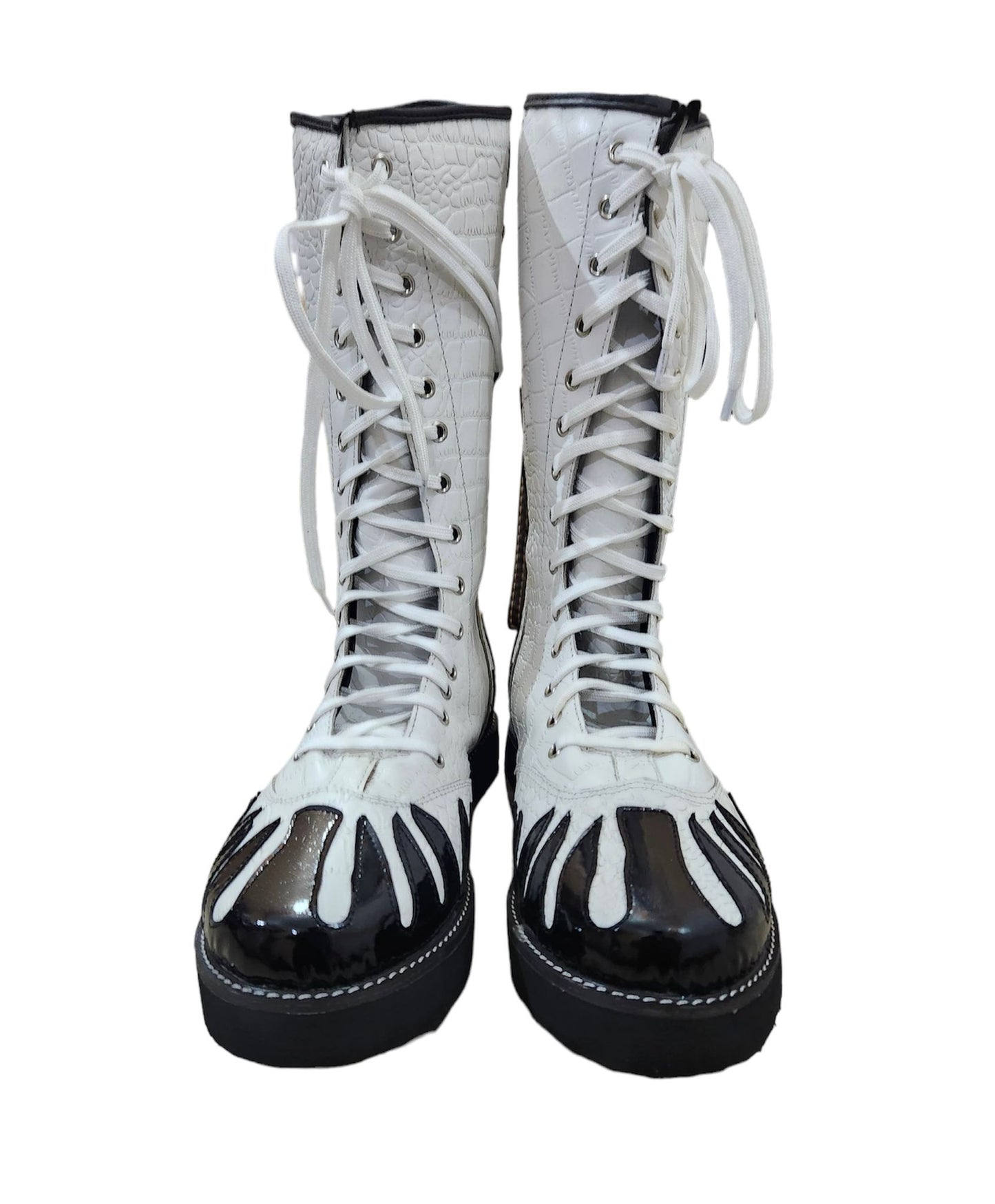 Pro Wrestling Boots, Handmade, 100% Original Leather, White Crocs Pattern & Black Fire Style, Customizable colors